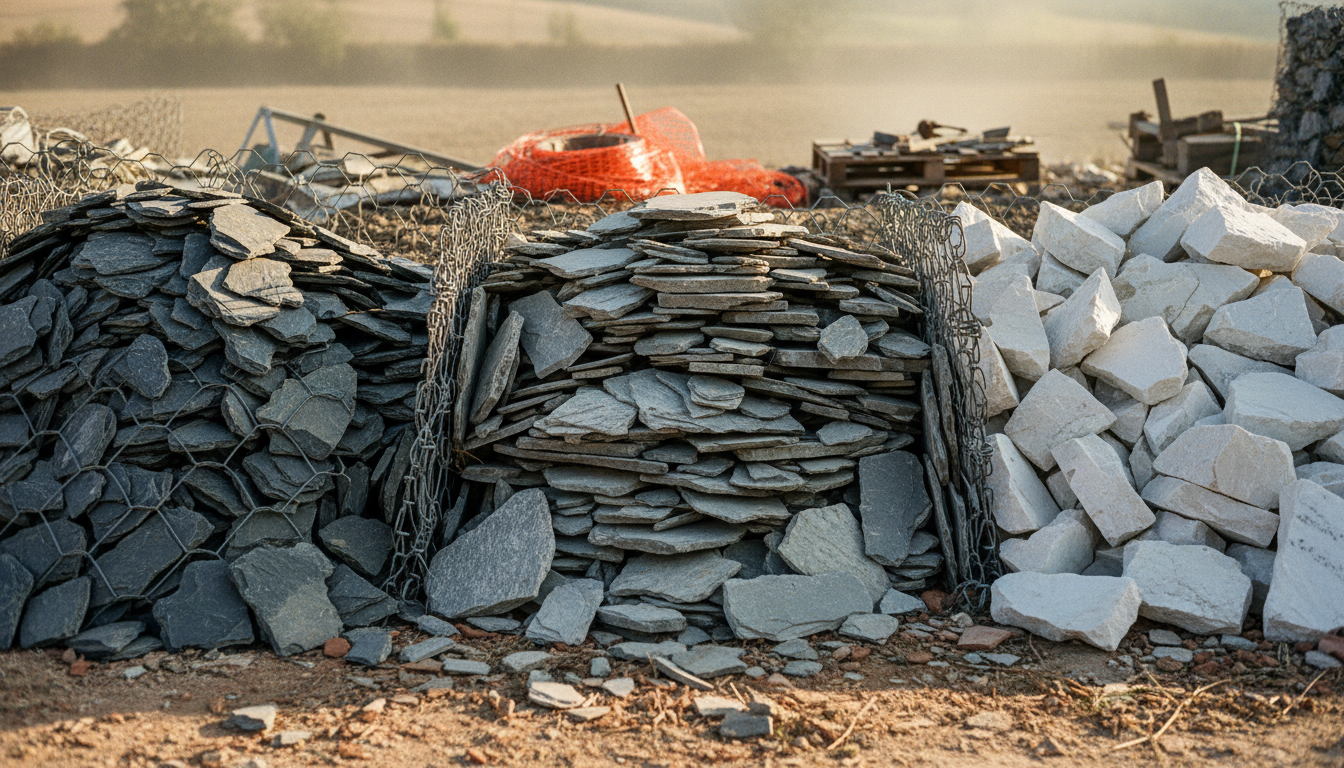 Trois tas de pierres décoratives pour gabion côte à côte : ardoise noire plate, schiste gris feuilleté, marbre blanc veiné
