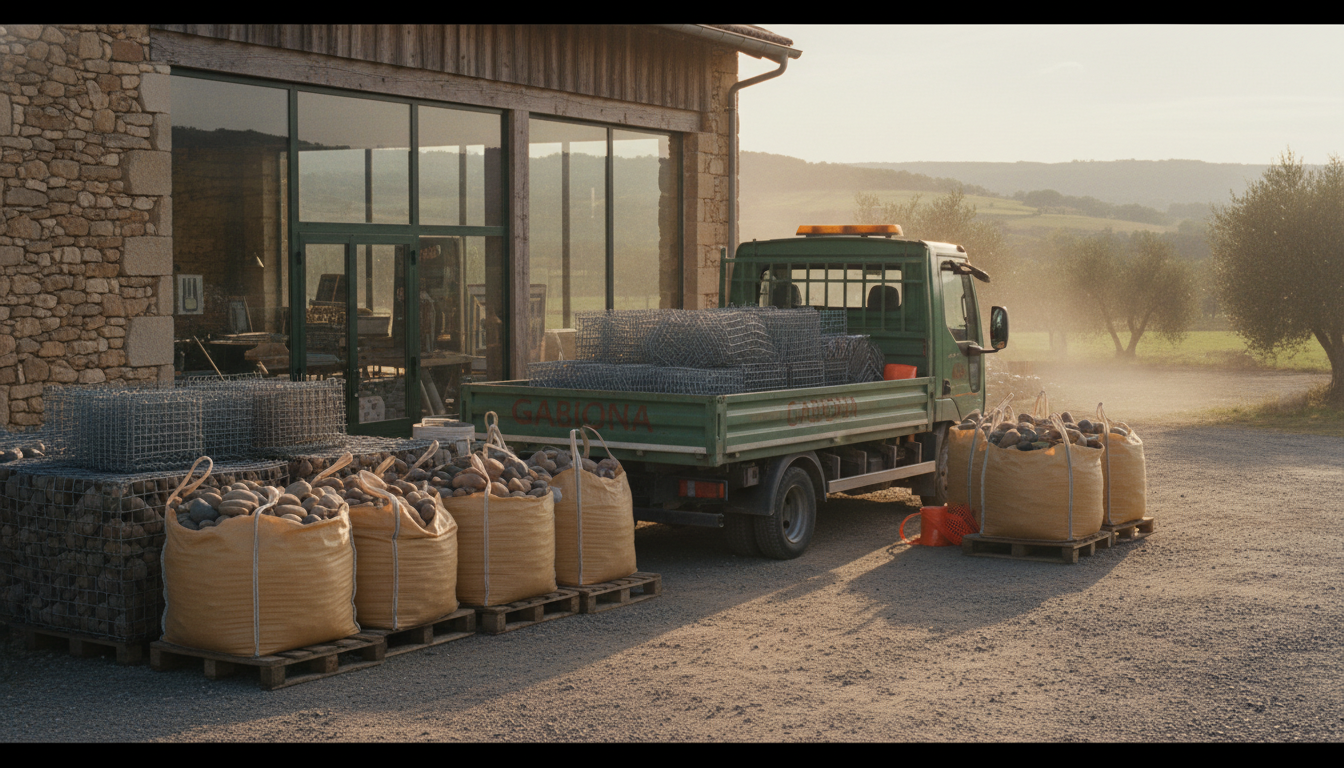 Entrepôt Gabiona avec stocks de gabions et big-bags de pierres