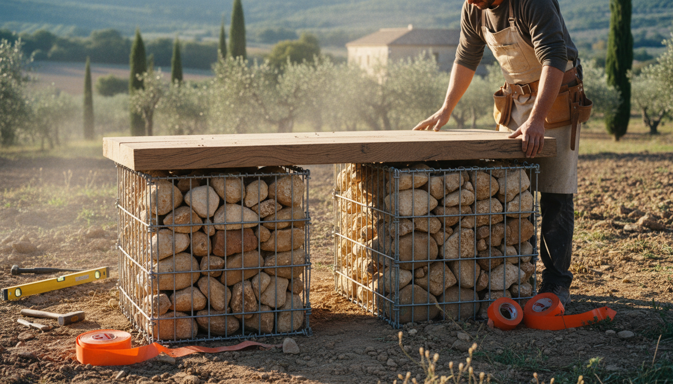 Planche de chêne en train d'être posée à cheval sur les deux gabions, alignement en cours