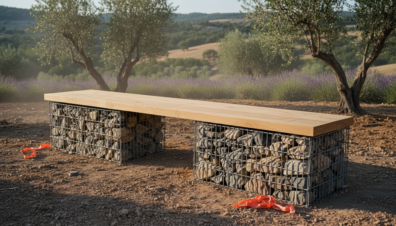 Banc de jardin en gabion et chêne dans un jardin méditerranéen