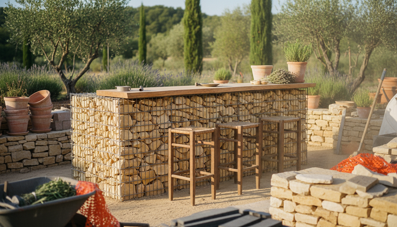 Bar gabion extérieur avec plan de travail chêne épais, tabourets hauts, jardin méditerranéen sous lumière dorée