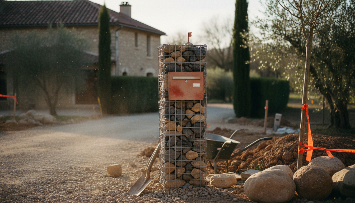 Colonne gabion 30 × 30 × 120 cm intégrant une boîte aux lettres française standard Decayeux à l'entrée d'une propriété