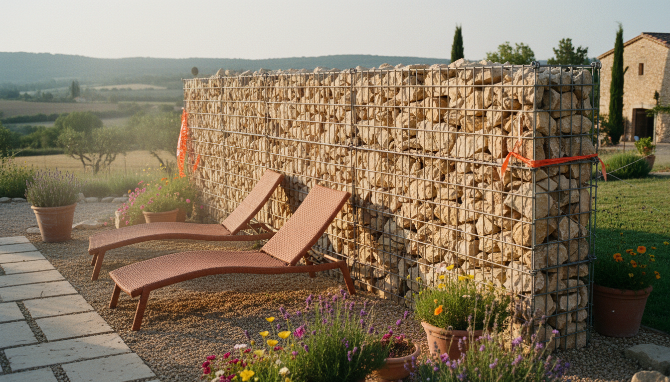 Brise-vue en gabion de 1,80 m de haut dans un jardin résidentiel, pierre calcaire, transats en avant-plan