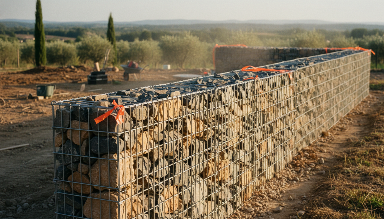 Clôture en gabion de 2 mètres de hauteur en limite de propriété, France
