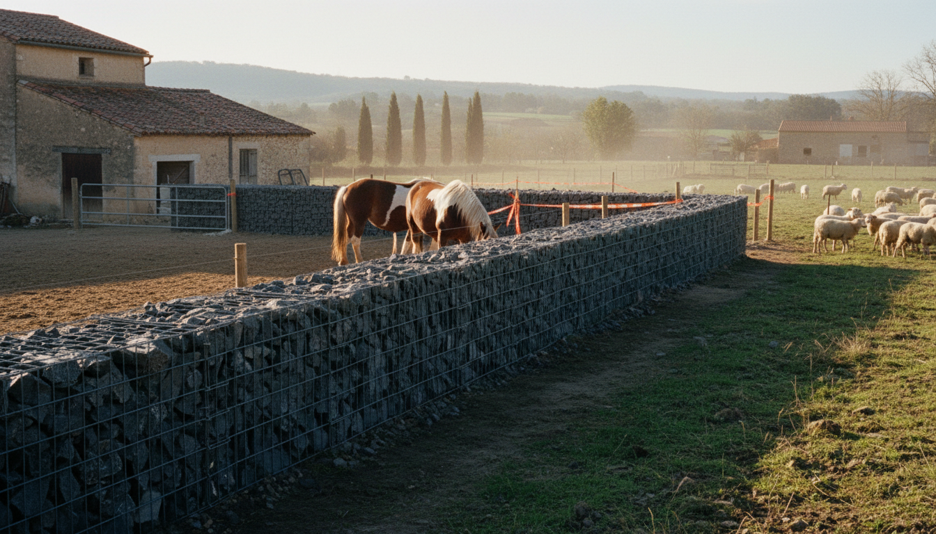 Clôture gabion en bordure de paddock contenant des chevaux, campagne française