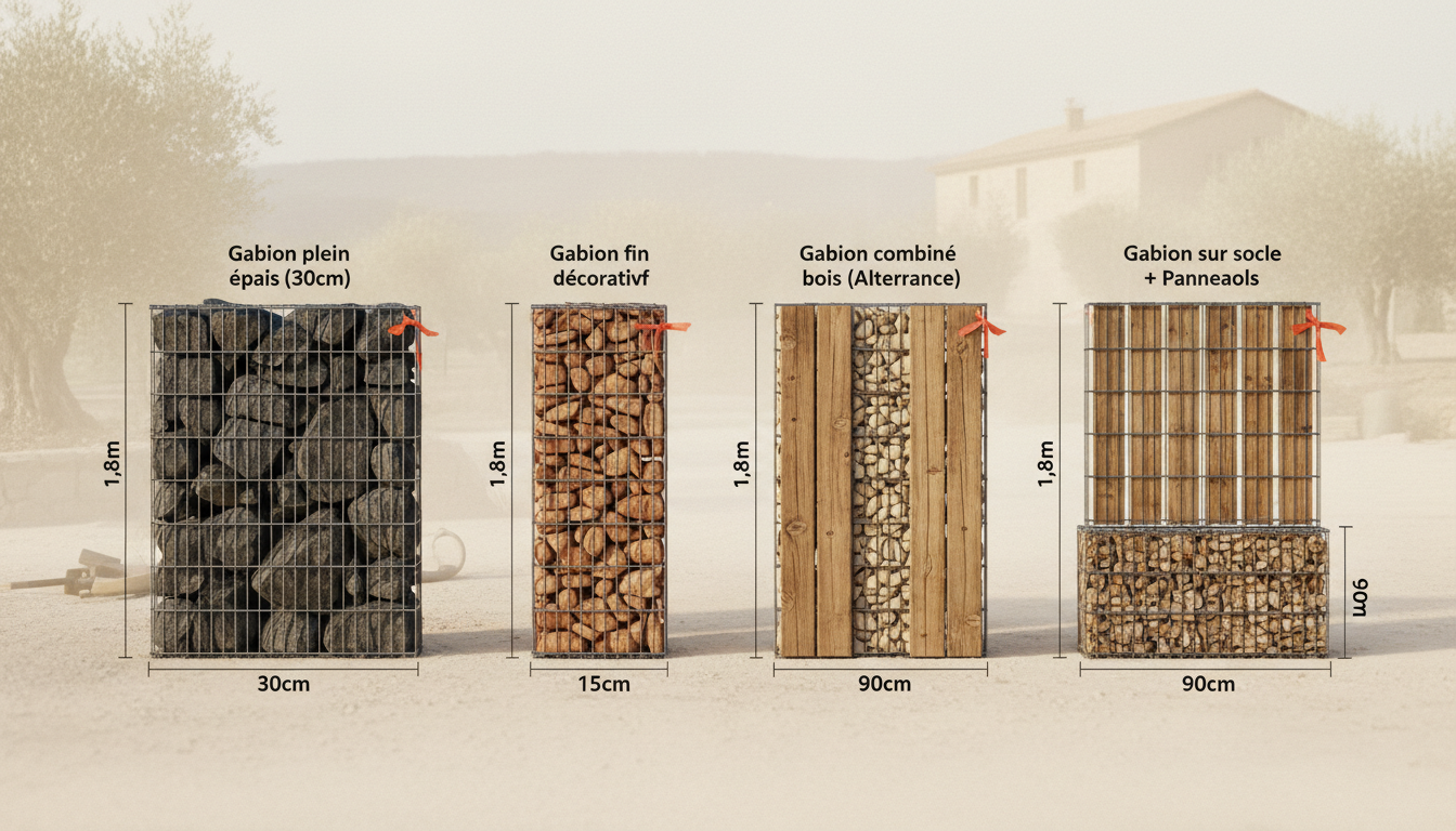 Schéma comparatif de 4 types de clôtures en gabion : pleine épaisse, fine décorative, gabion plus bois, mixte sur soubassement
