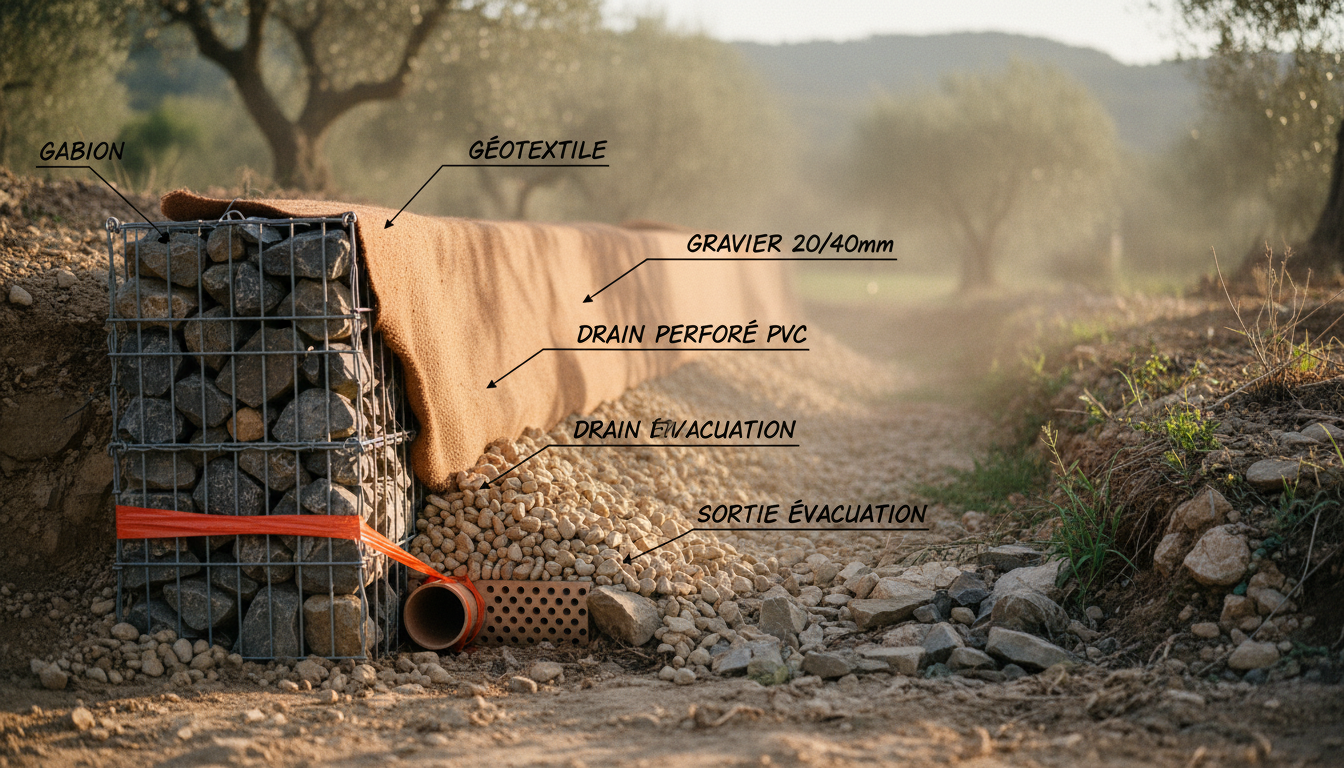 Coupe technique d'un mur gabion avec drainage arrière : géotextile, gravier 20/40, tuyau PVC perforé