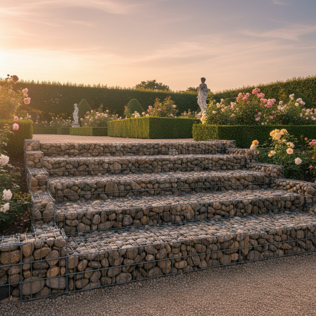 Escalier extérieur en gabion sur coteau, marches successives remplies de pierres claires sous lumière d'après-midi