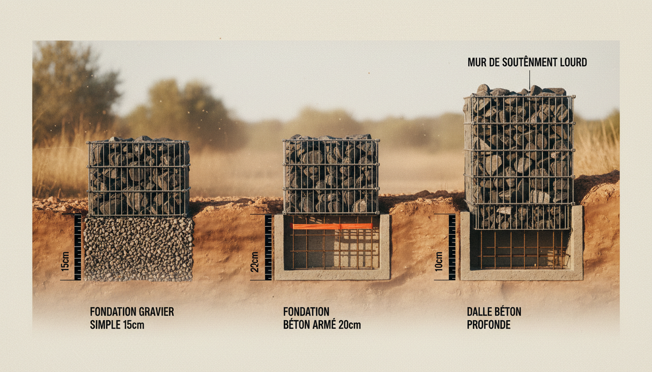 Coupe technique illustrant les trois types de fondation pour mur en gabion : lit de gravier, semelle béton ferraillée, dalle renforcée