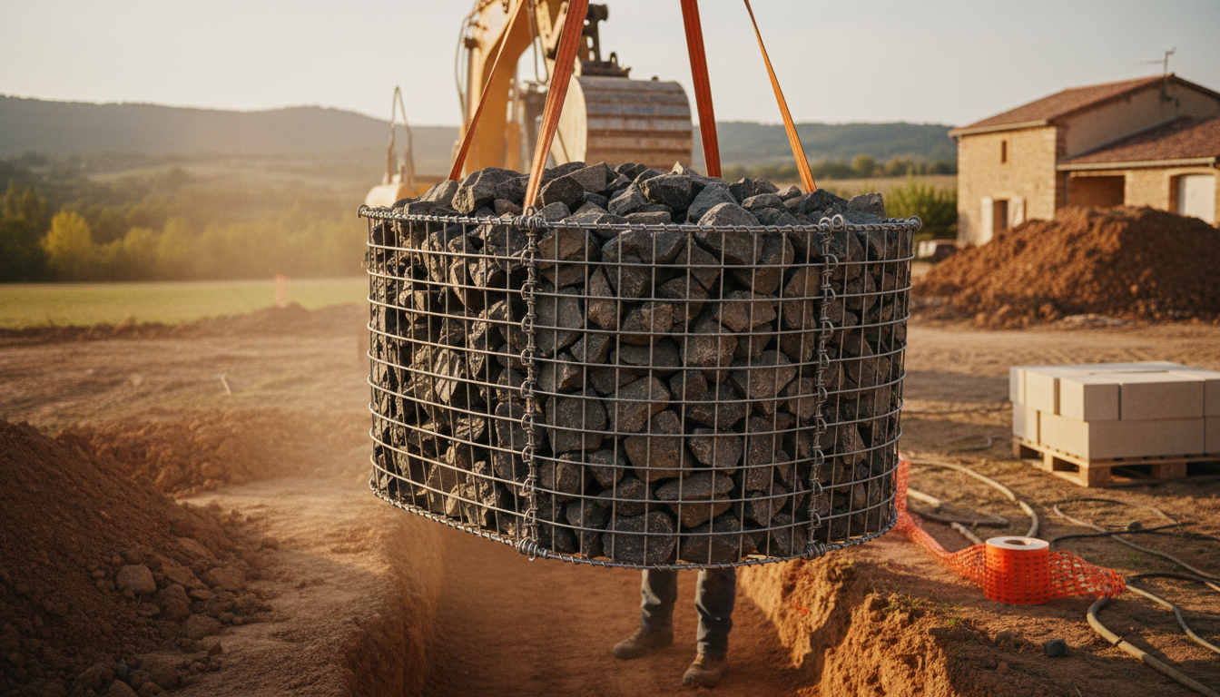 Gabion 100x100x50 cm rempli de basalte noir positionné sur un chantier de soutènement dans la Drôme
