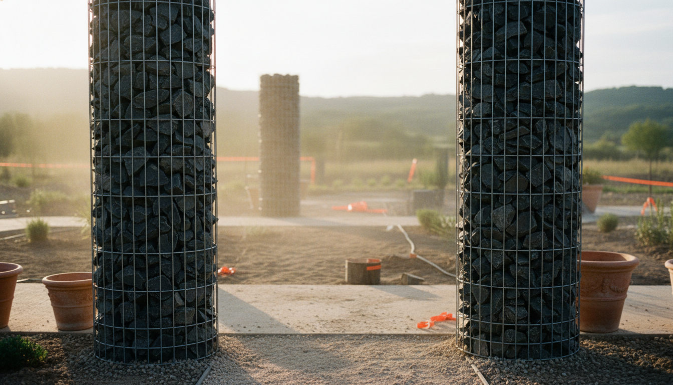 Deux colonnes gabion cylindriques de 50 cm de diamètre et 2 m de haut encadrant un chemin dans un jardin contemporain