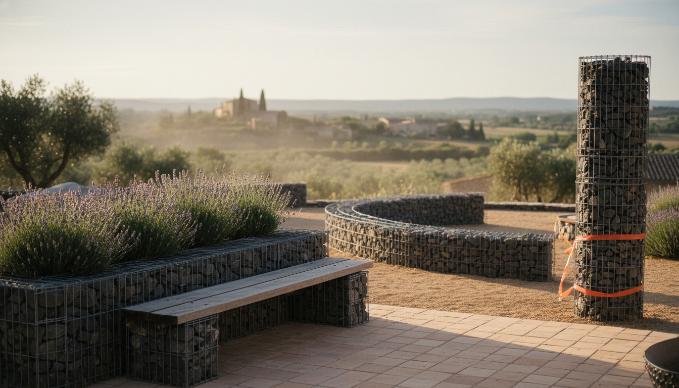 Jardin méditerranéen avec plusieurs éléments décoratifs en gabion : banc, jardinière, colonne