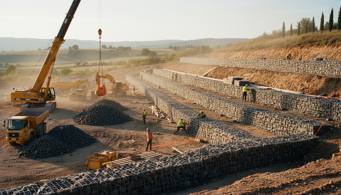 Chantier professionnel de mur en gabion sur grande longueur