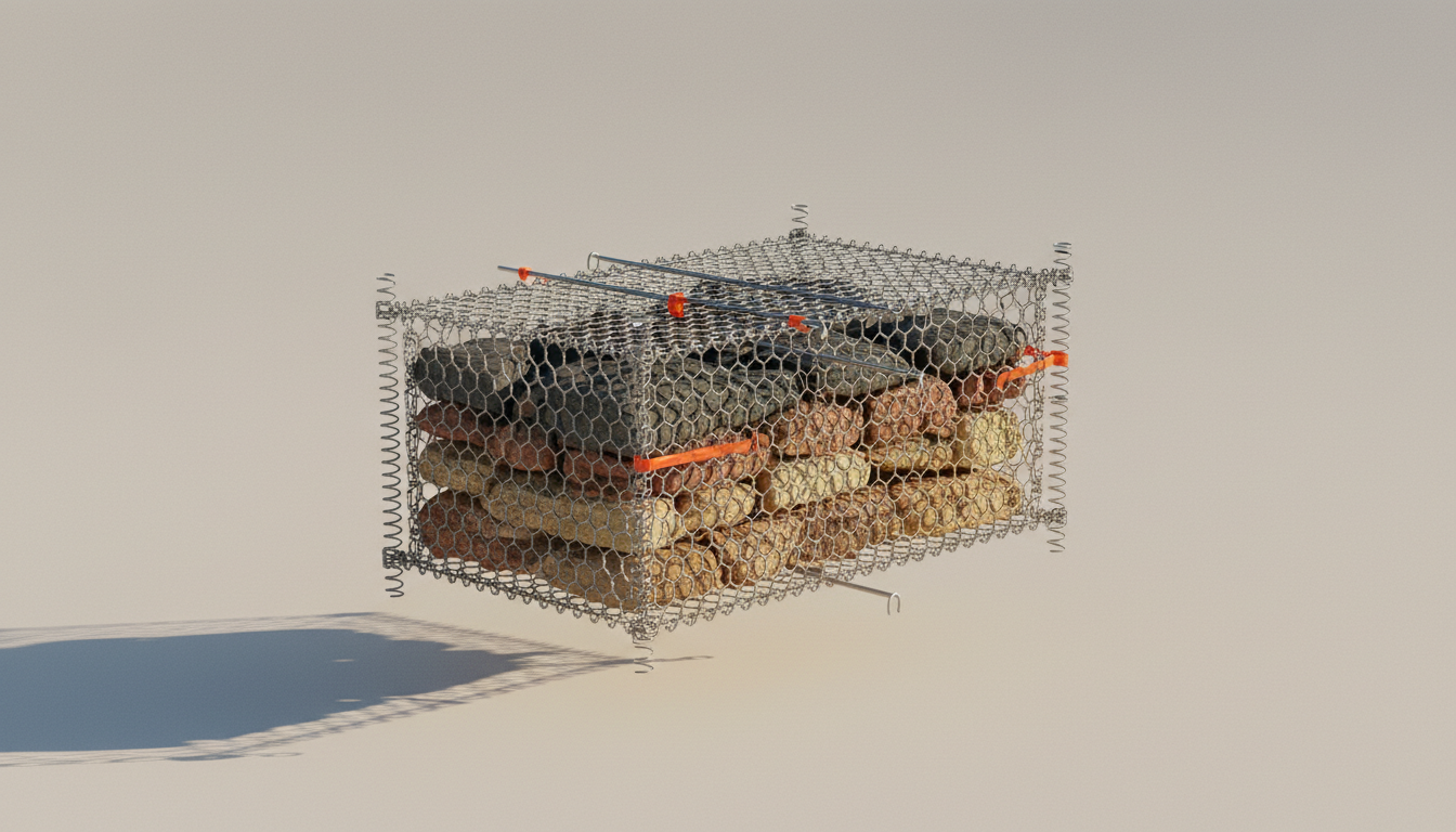 Anatomie d'un gabion standard : grillage galvanisé, tirants transversaux orange, pierres calées à la main