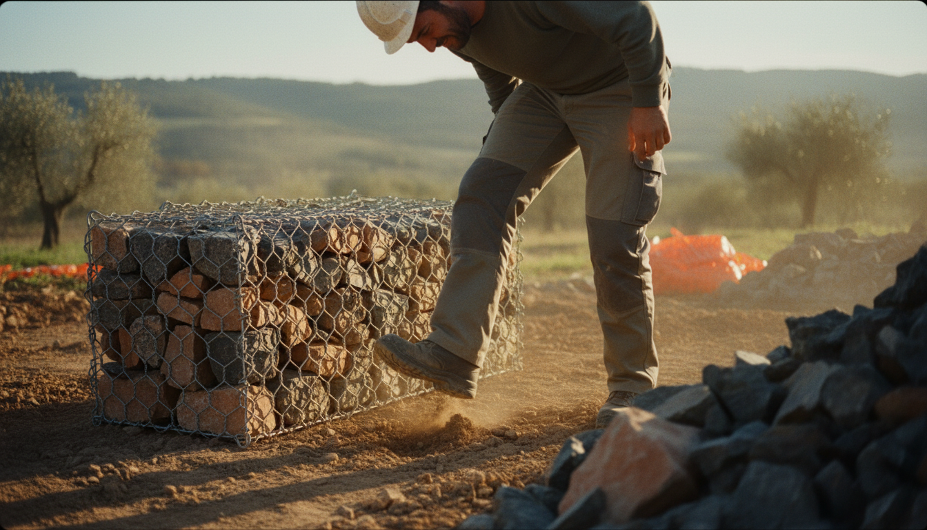 Artisan testant la portance d'un sol meuble au pied avant la pose d'un gabion, terre remuée et traces d'enfoncement visibles