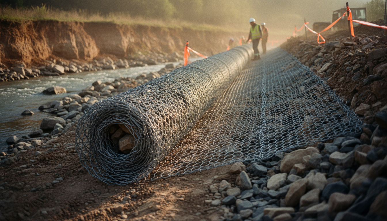 Gabion souple en rouleau déroulé le long d'une berge en pente, prêt à être rempli de pierres