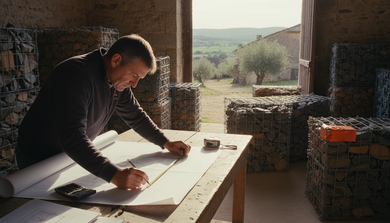 Croquis d'un gabion sur-mesure avec prise de mesure en atelier