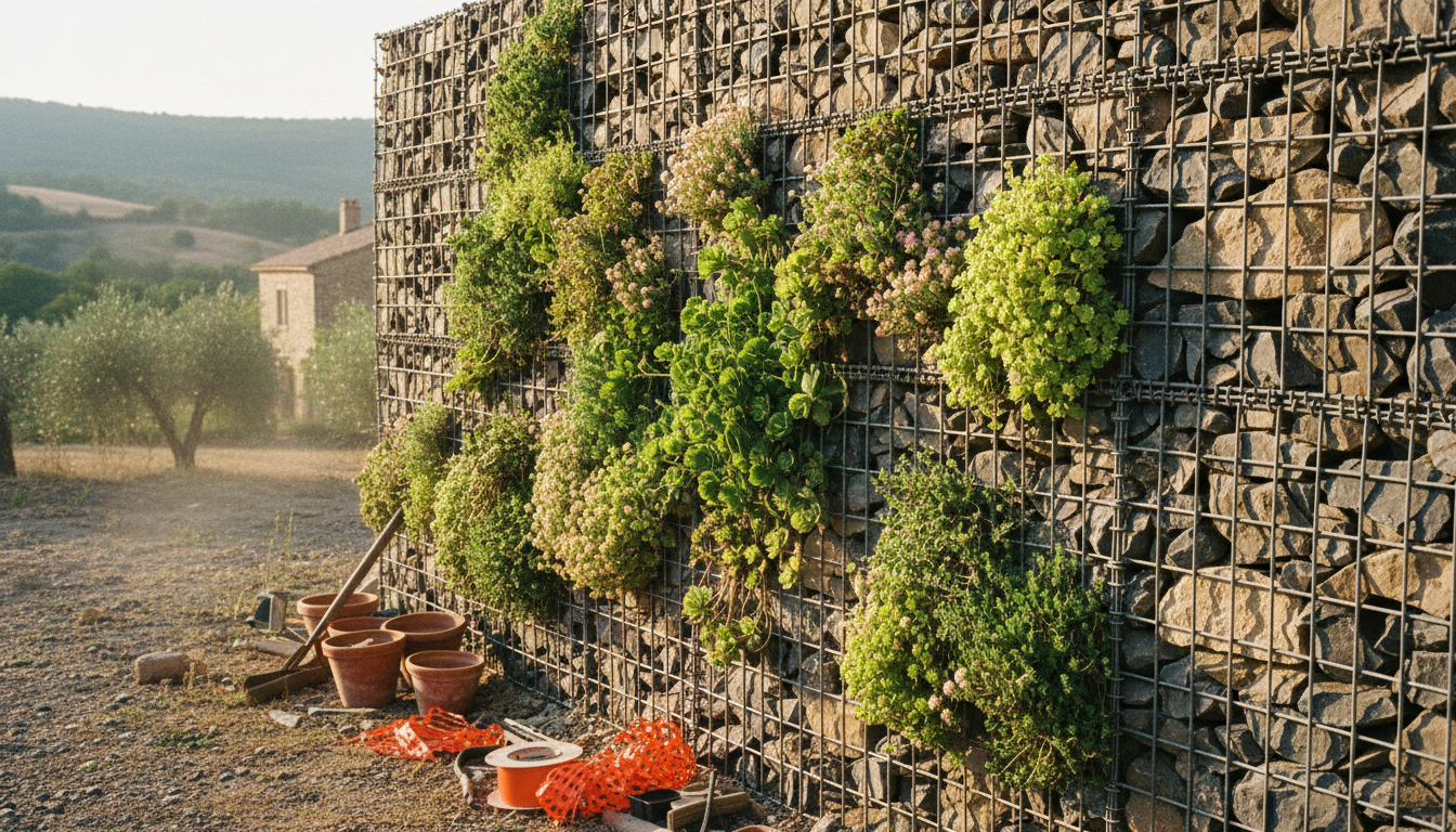 Mur en gabion végétalisé couvert de sédums, joubarbes et thym en cascade entre les pierres dans un jardin français