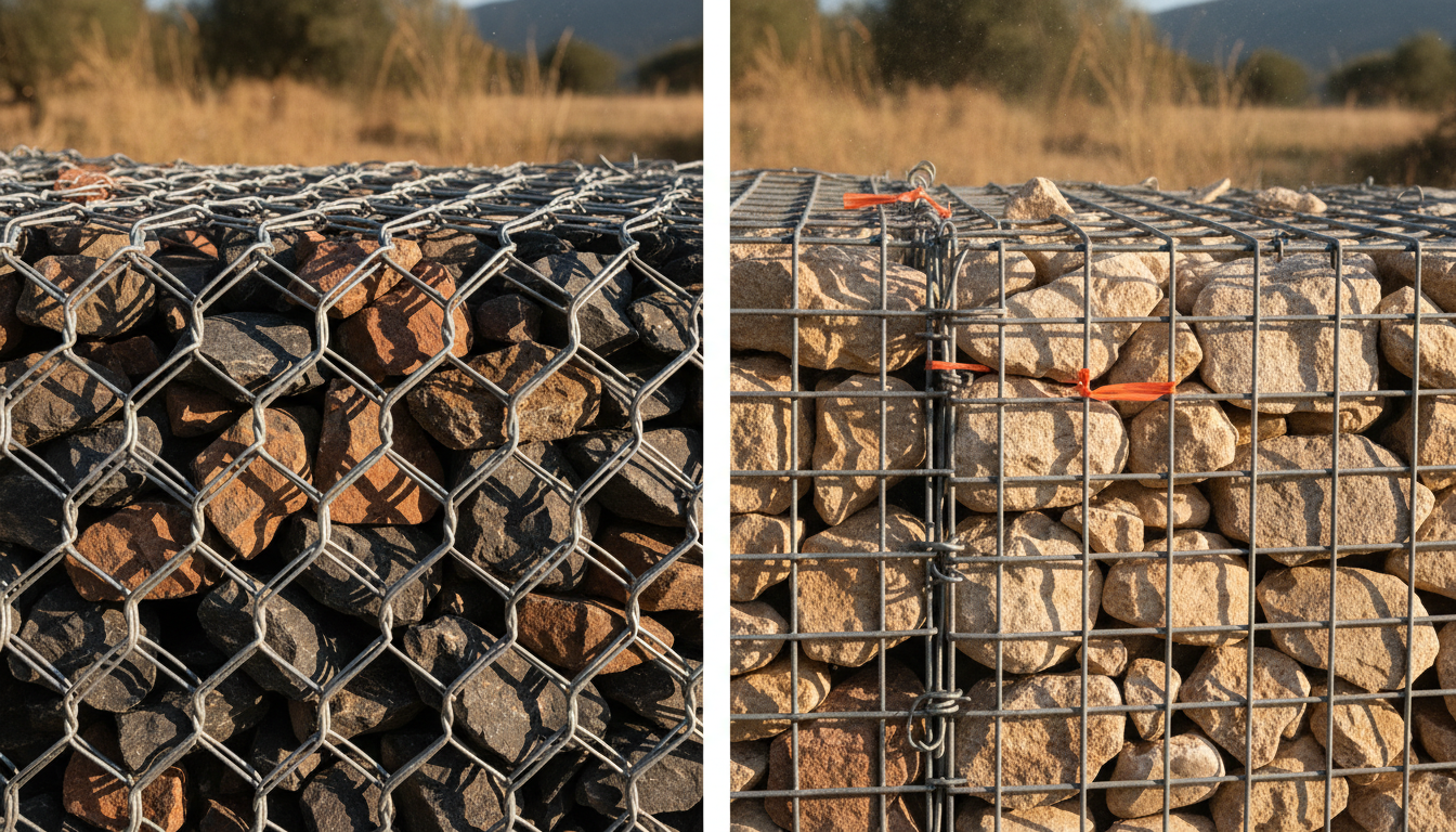 Comparaison rapprochée de deux grillages à gabion : maille hexagonale double torsion à gauche et maille rectangulaire soudée à droite