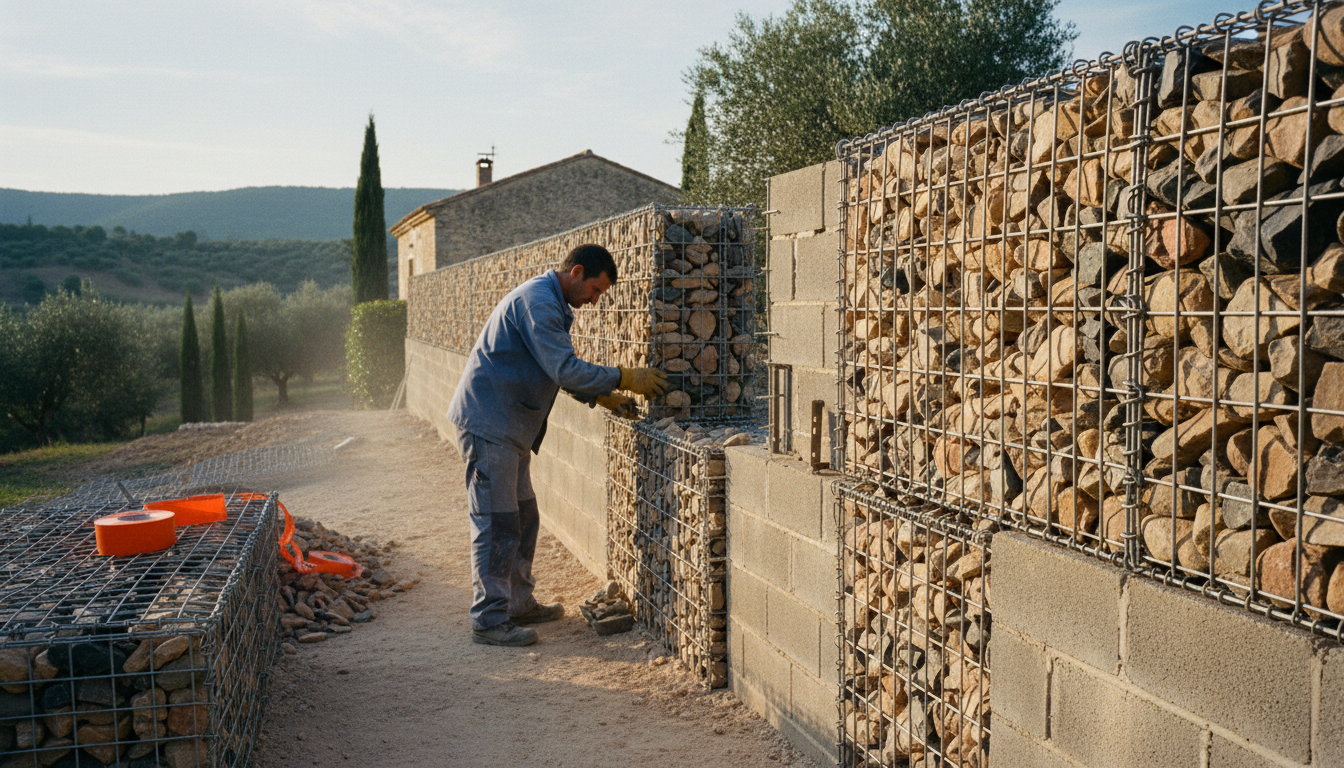 Gabion fin de 12 cm d'épaisseur fixé contre un mur en parpaings pour créer un parement pierre décoratif