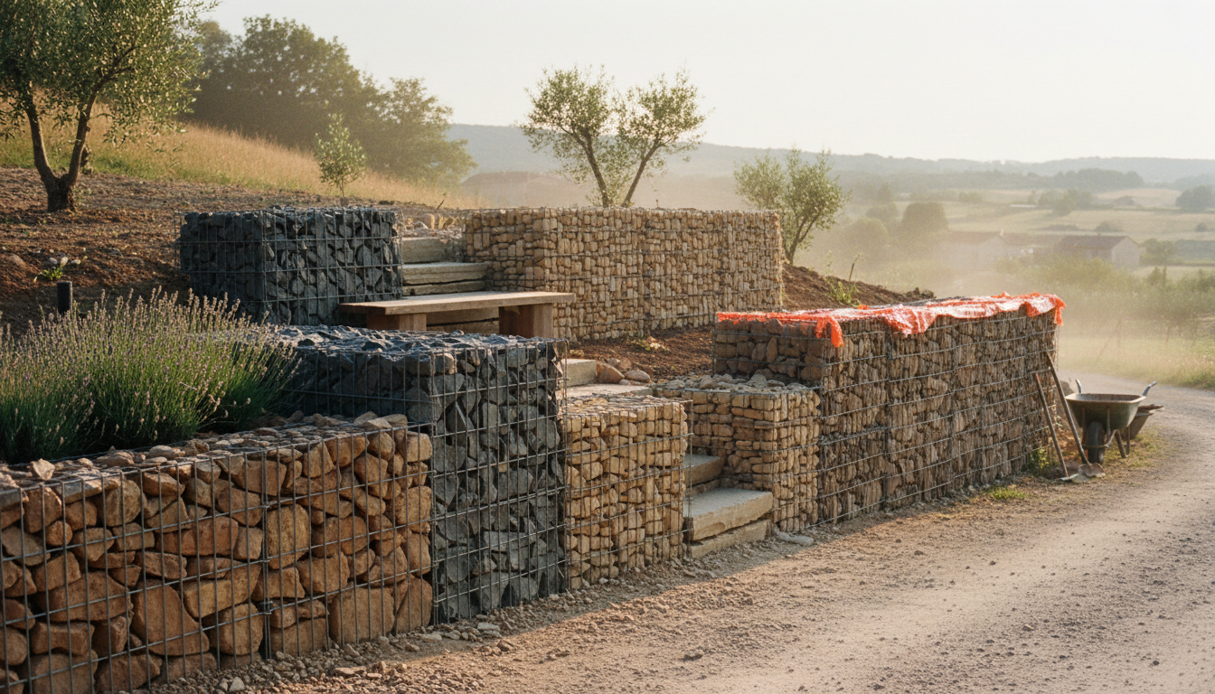 Quatre murs en gabion de hauteurs différentes (50 cm, 1 m, 2 m, 3 m) côte à côte avec leur contexte d'usage