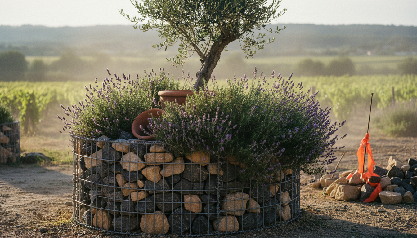 Jardinière en gabion remplie de pierres, plantée de lavande, romarin et un olivier dans un jardin méditerranéen ensoleillé