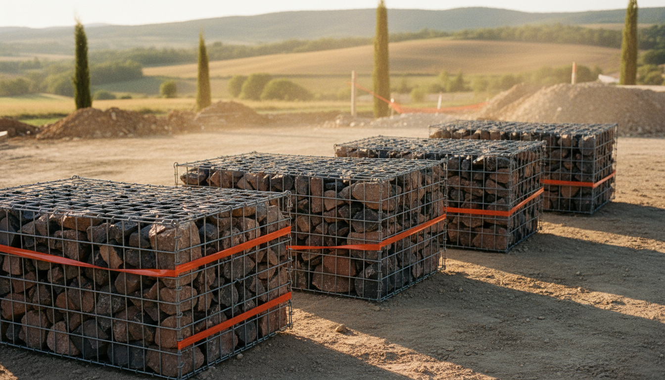 Gabions de longueurs 1 m, 1,50 m et 2 m alignés sur un chantier drômois, prêts à être remplis