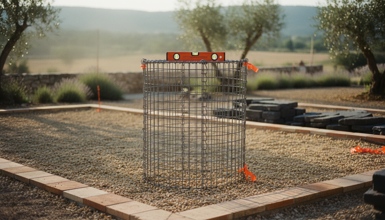 Gabion assemblé et posé sur la fondation gravier, niveau à bulle sur le dessus