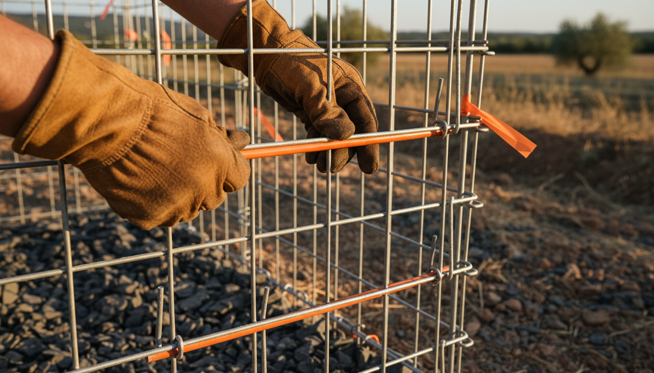 Gros plan sur les tirants en fil orange qui relient les deux parois du gabion