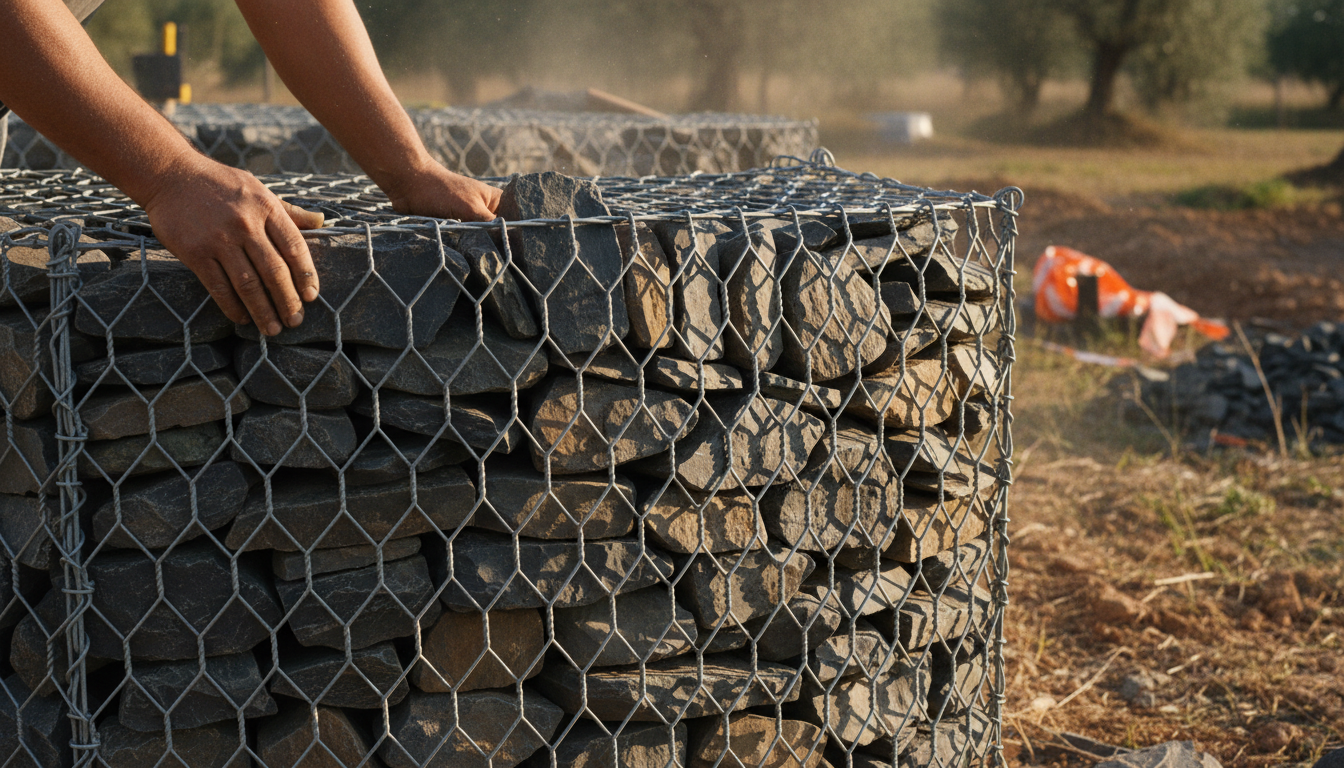 Hands arranging flat basalt stones carefully on the visible face of the gabion