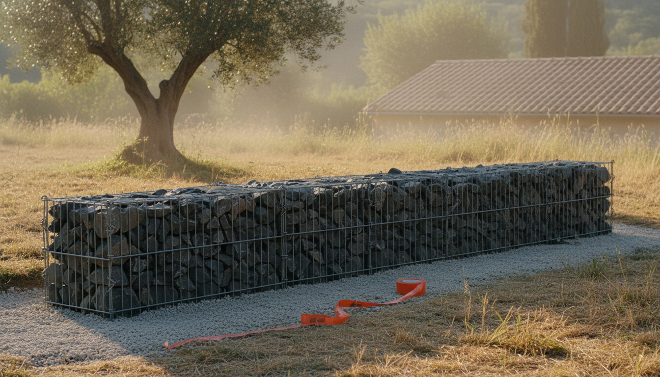 Muret gabion 1 mètre terminé dans un jardin drômois au coucher du soleil
