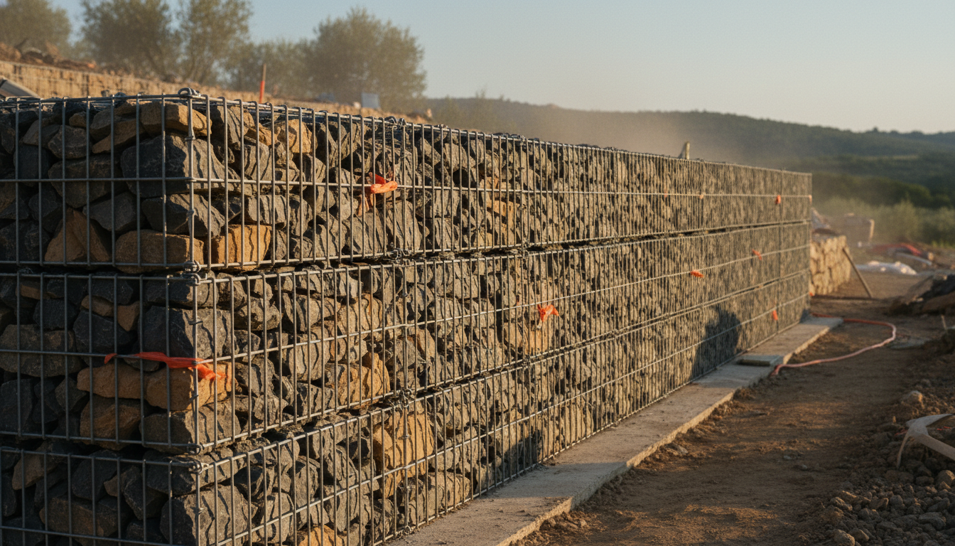 Mur en gabion de 2 mètres de hauteur en bordure de propriété drômoise, semelle béton visible en pied