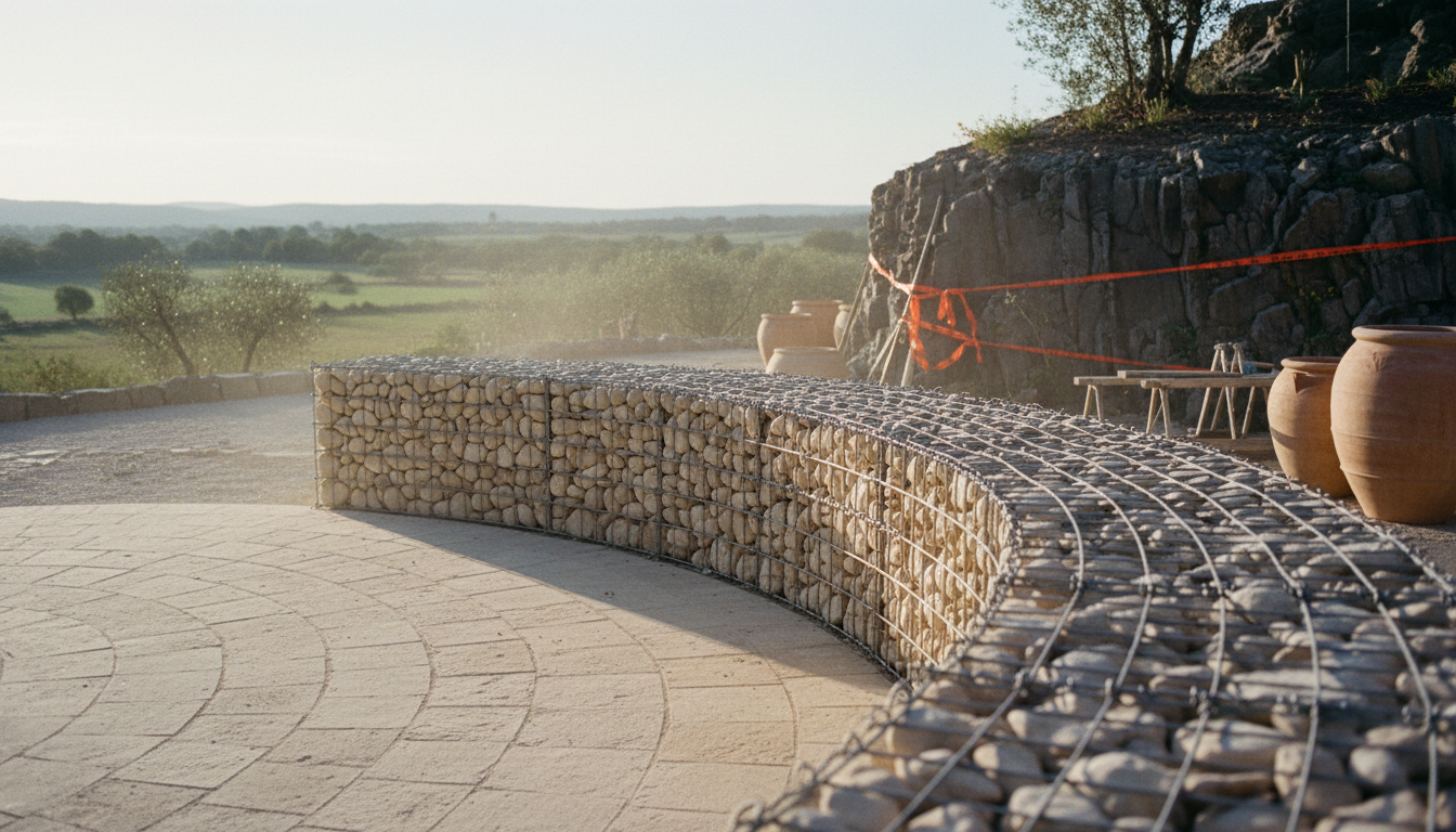 Mur gabion arrondi en arc suivant le pourtour d'une terrasse circulaire