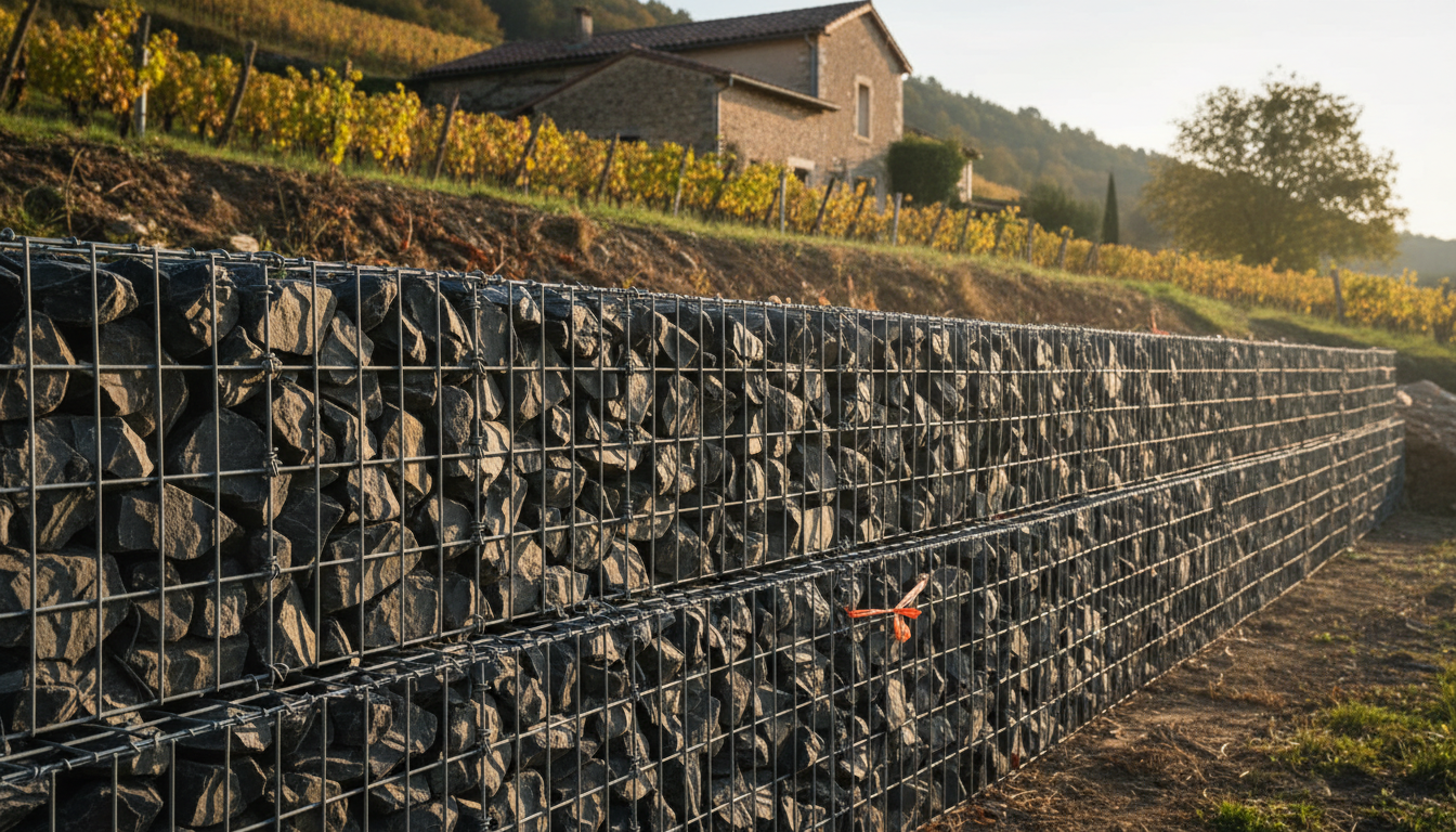 Mur en gabion de 2,40 m de haut retenant une terrasse de vignes en Drôme