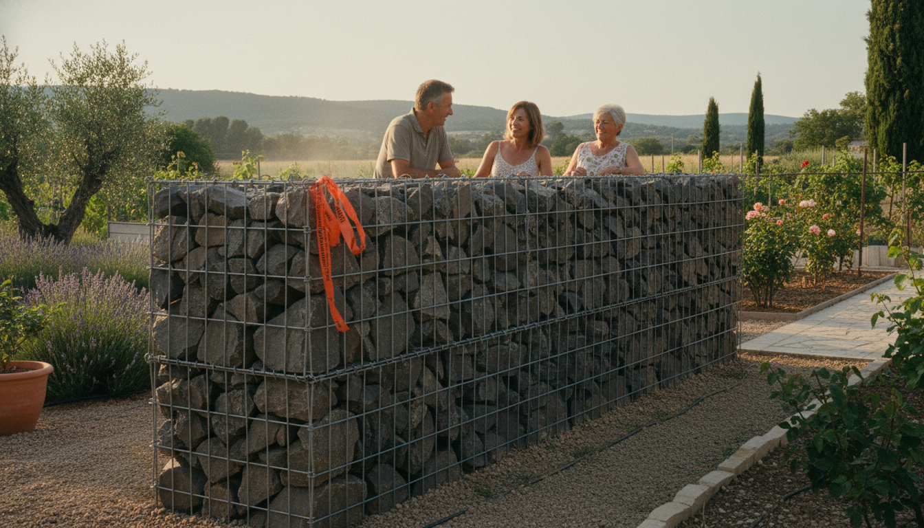 Mur en gabion en limite mitoyenne entre deux jardins résidentiels