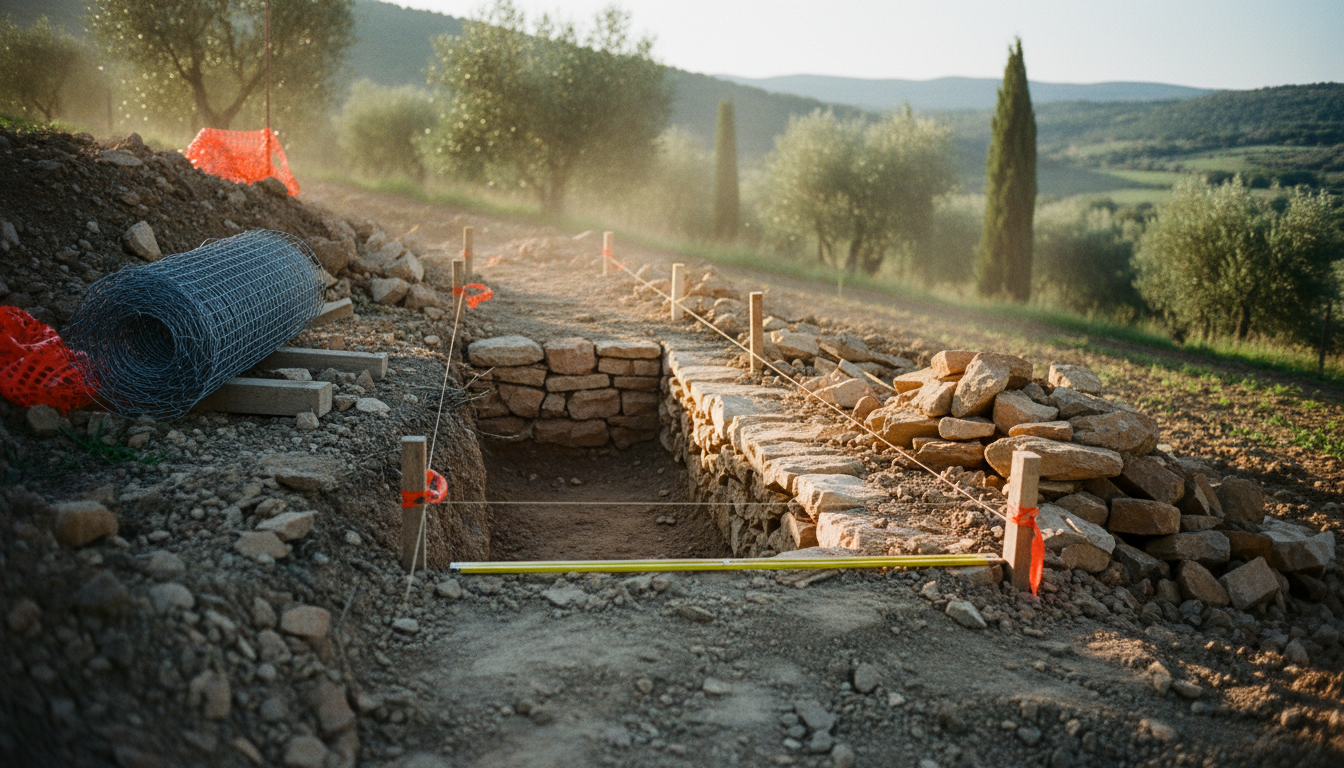 Photo d'un talus drômois en cours de diagnostic : piquets et cordeau marquent l'emprise du futur mur