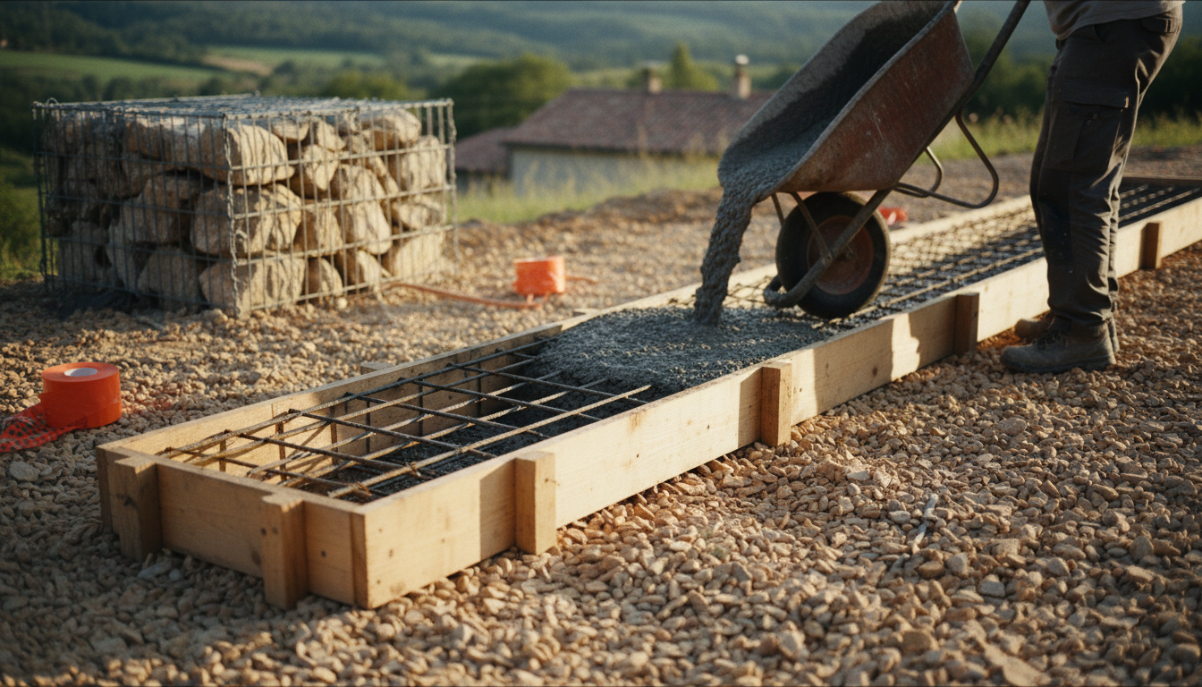 Photo de la semelle béton en cours de coulage : coffrage bois, treillis soudé ferraillant, béton frais versé à la brouette
