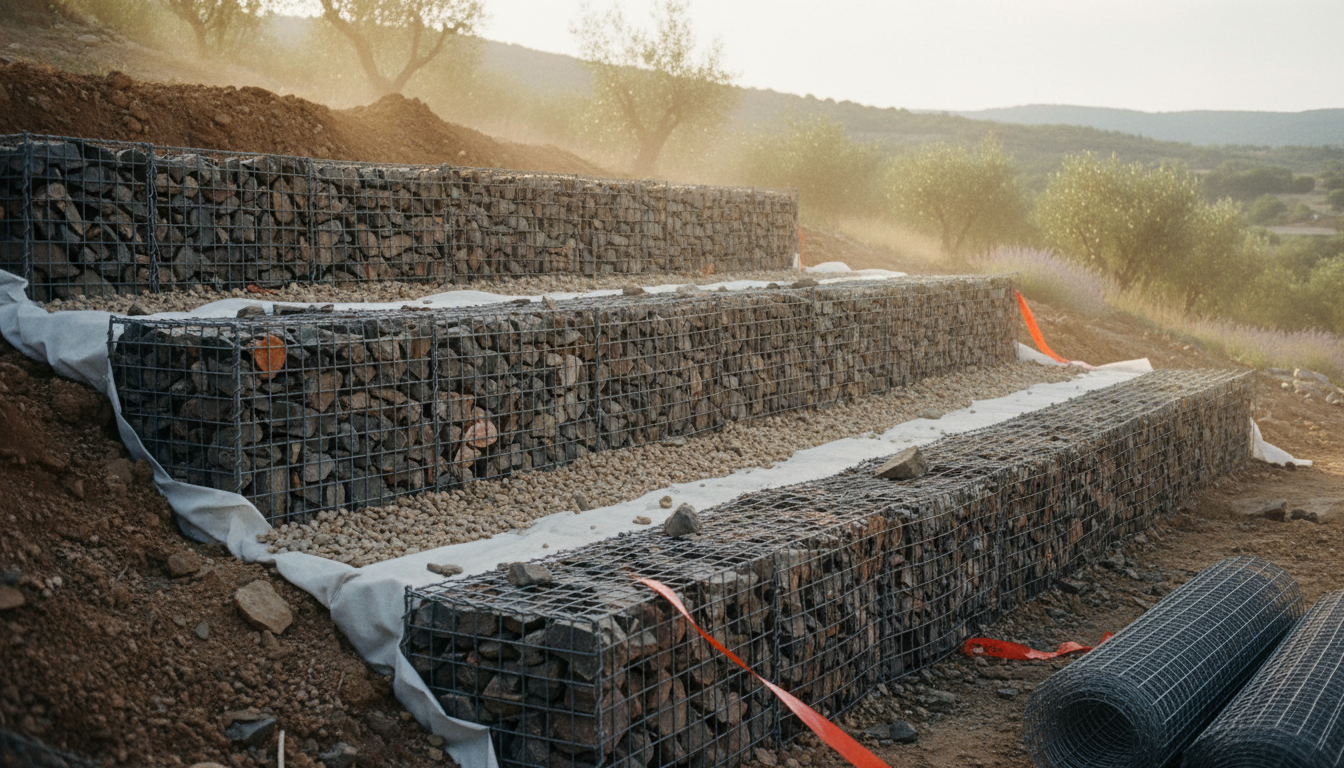 Photo d'un mur de soutènement à trois niveaux, chaque rang reculé de 10-15 cm vers le talus (redan)