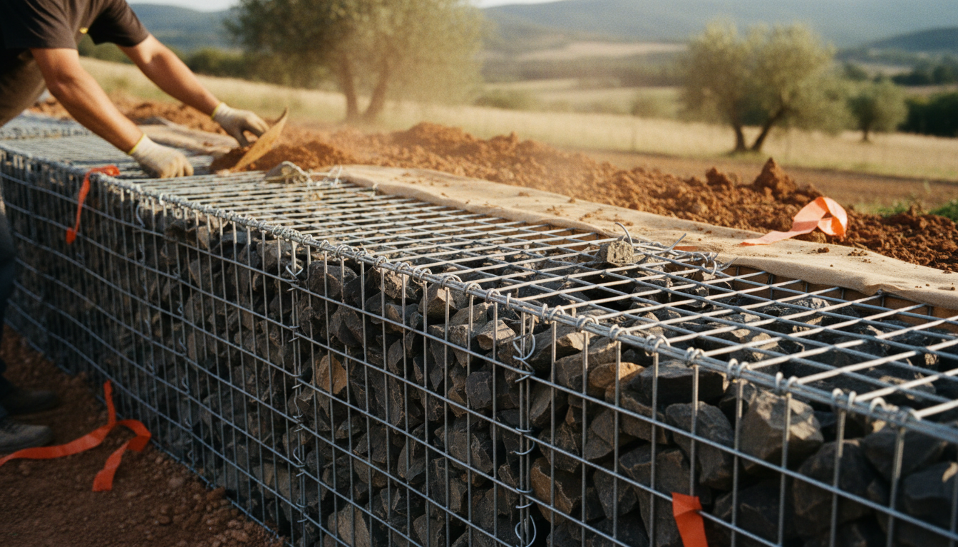 Photo du haut du mur terminé, couvercle posé, terre remise derrière avec plantations en cours