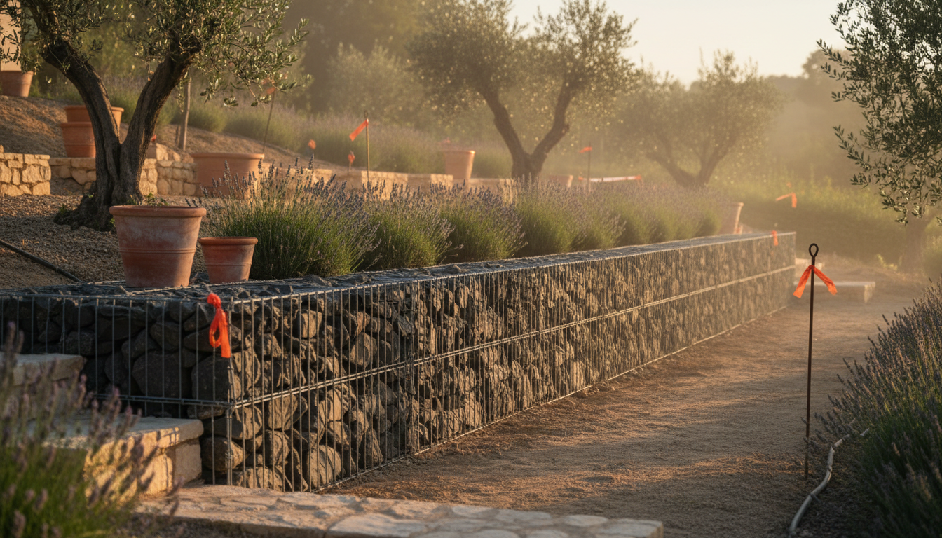 Mur de soutènement en gabion construit sur un talus drômois