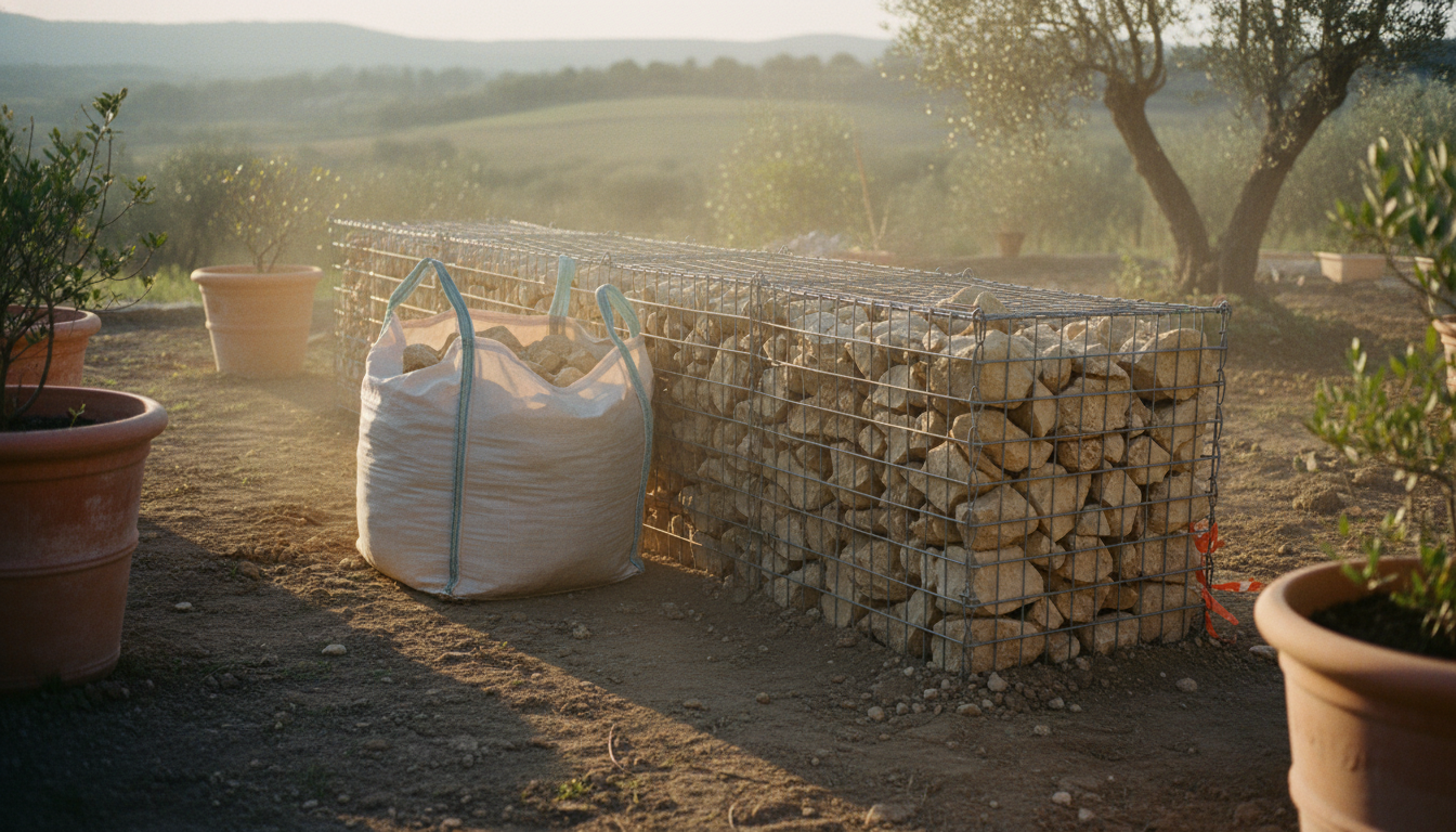 Chantier muret gabion en cours un samedi après-midi dans la Drôme, big-bag de pierre calcaire à côté, cage montée à mi-hauteur