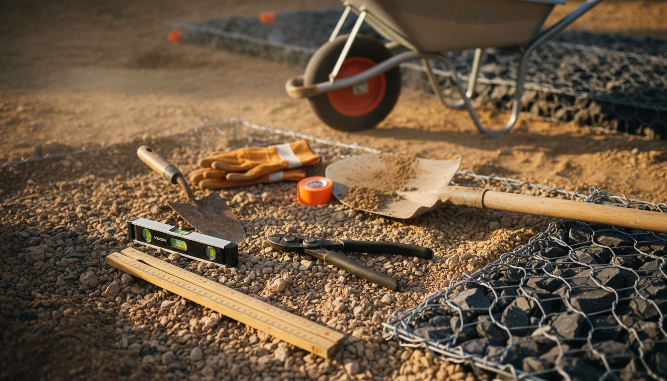 Flat lay des outils de pose gabion : pince coupante, pince à sertir, niveau à bulle, règle de maçon, truelle, gants anti-coupure, brouette au fond