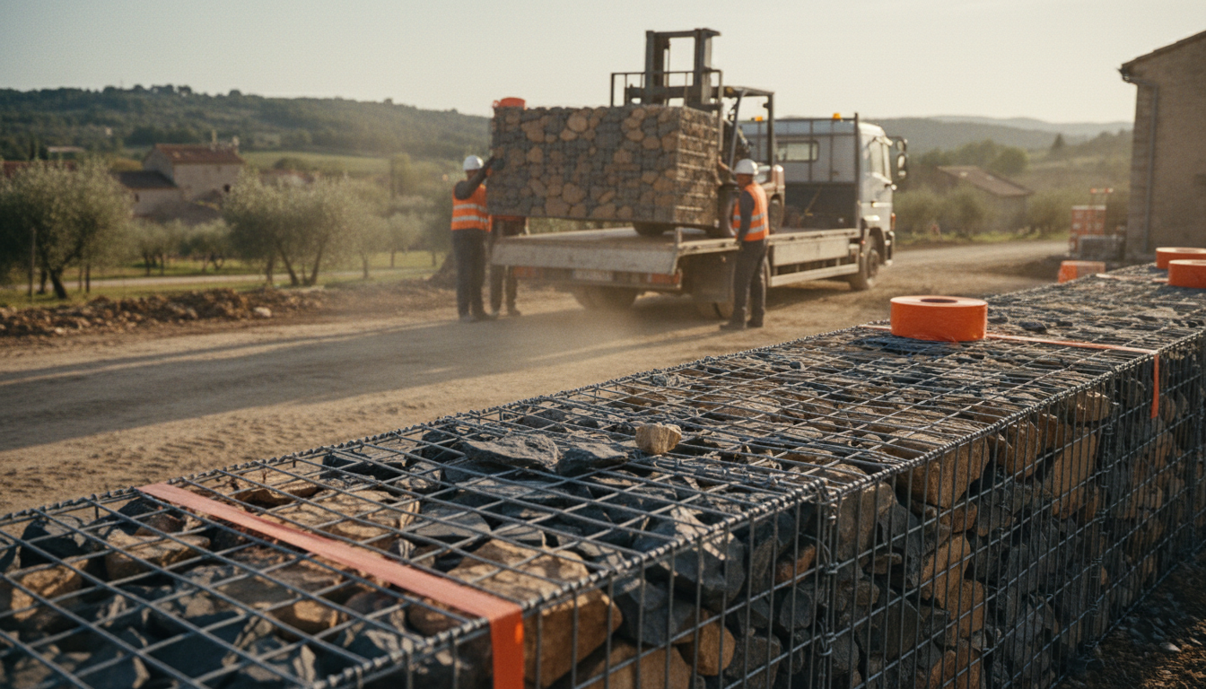 Panneaux de gabion préfabriqués pré-remplis livrés sur palette dans un jardin drômois, prêts à poser