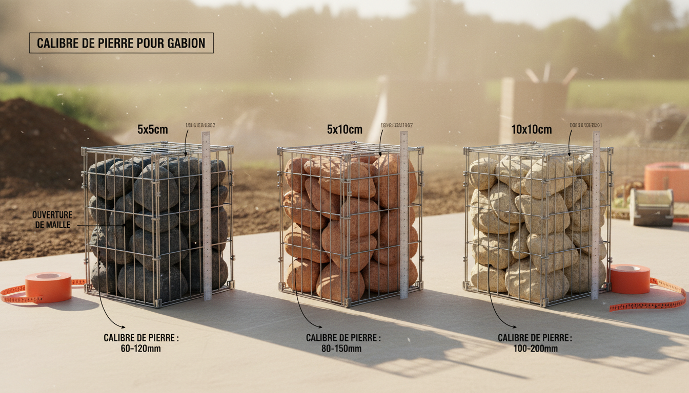 Schéma montrant trois gabions avec mailles 5×5, 5×10, 10×10 et leurs calibres de pierre adaptés