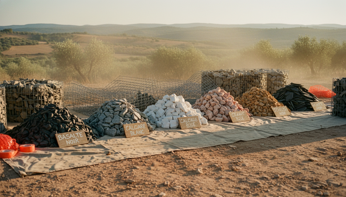 Six tas de pierres différentes pour gabion : basalte, granite, calcaire, schiste, galet