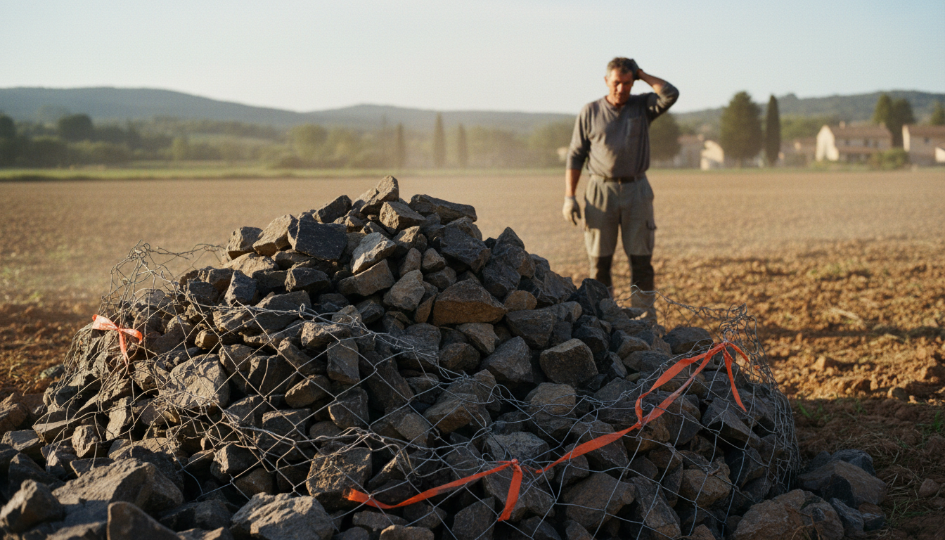 Agriculteur drômois devant un tas de pierres extraites au labour dans un champ, lumière naturelle de printemps