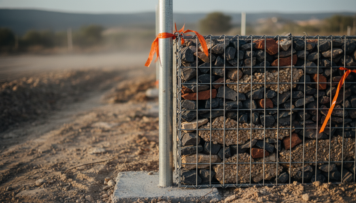 Poteau acier galvanisé scellé dans un plot béton, maintenant une clôture gabion mince en limite de terrain