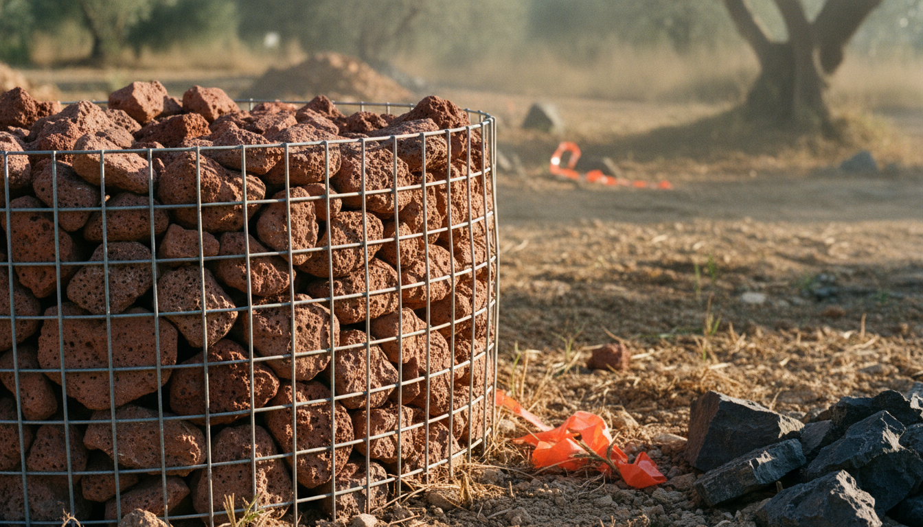 Pouzzolane rouge-brun en gros plan dans un gabion, texture poreuse scoriacée, origine Auvergne
