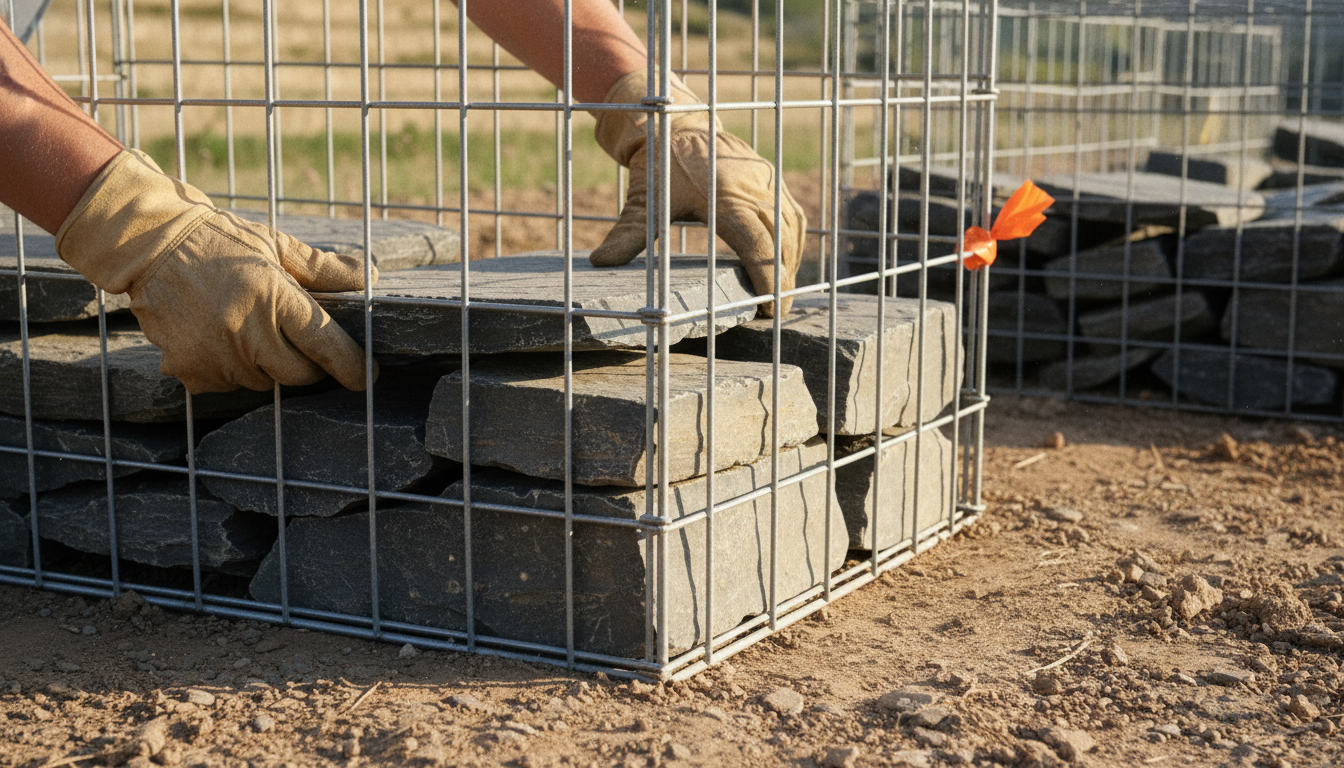 Deux pierres plates posées perpendiculairement dans l'angle bas d'un gabion vide, mains en gants ajustant une troisième pierre