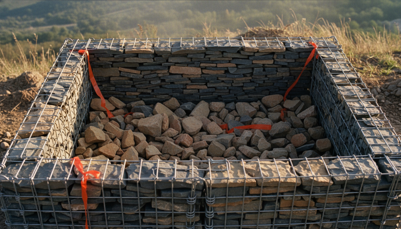 Gabion à moitié rempli, façade nette calée à la main, cœur interne rempli en vrac avec des pierres mixtes
